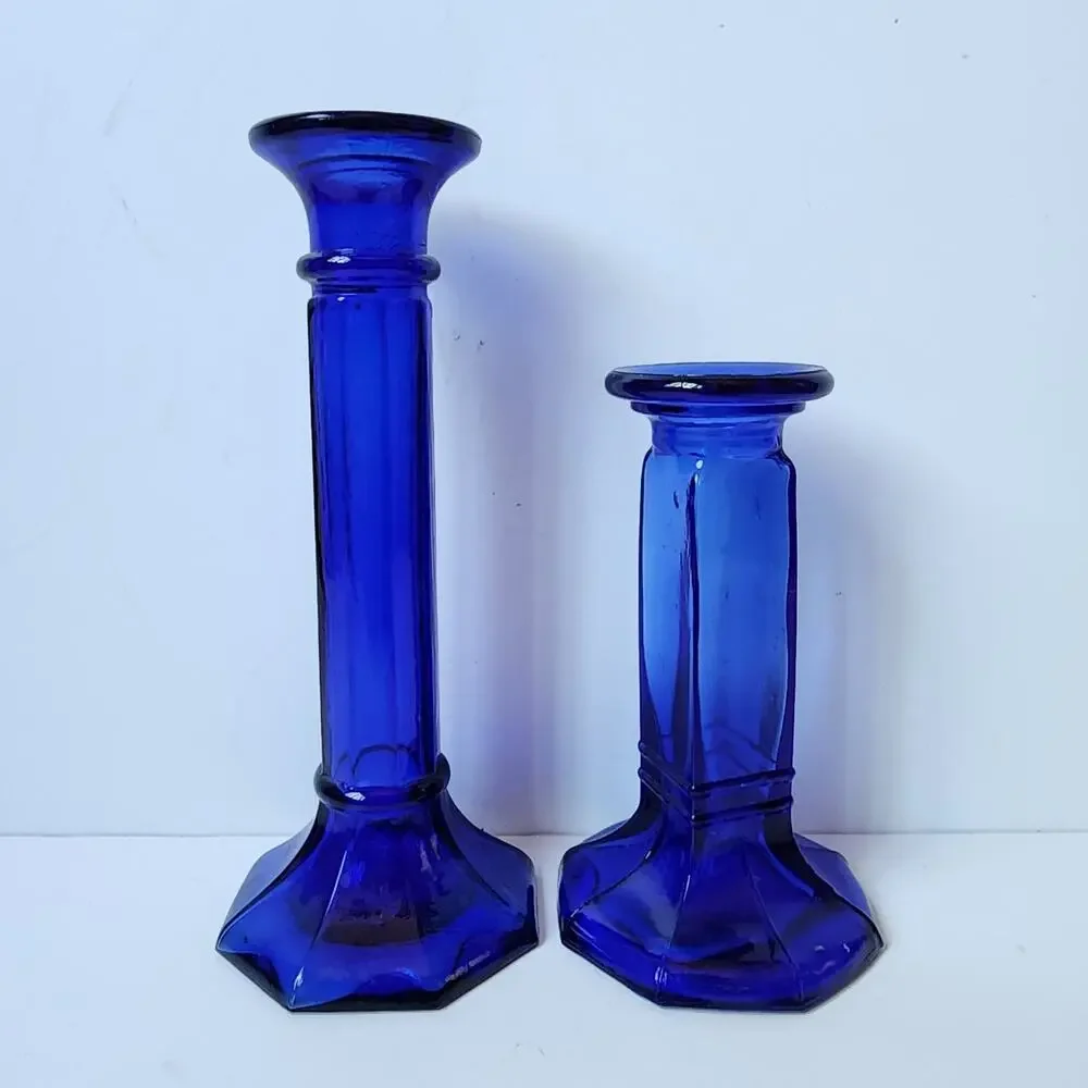 Vintage Candle Holder Glass Cobalt Blue Recycled Glass Candlestick Set Of 2